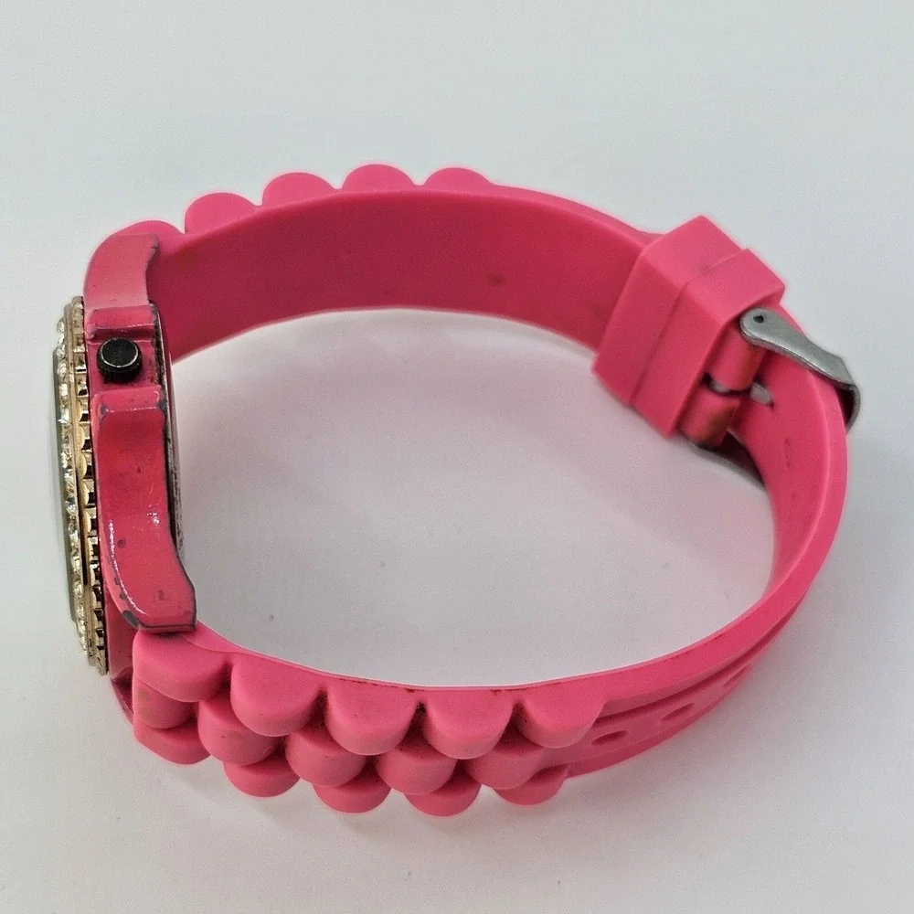 40MM Women's Watch Pink Dial Crystal Bezel Pink Plastic Band Straps‎ New Battery